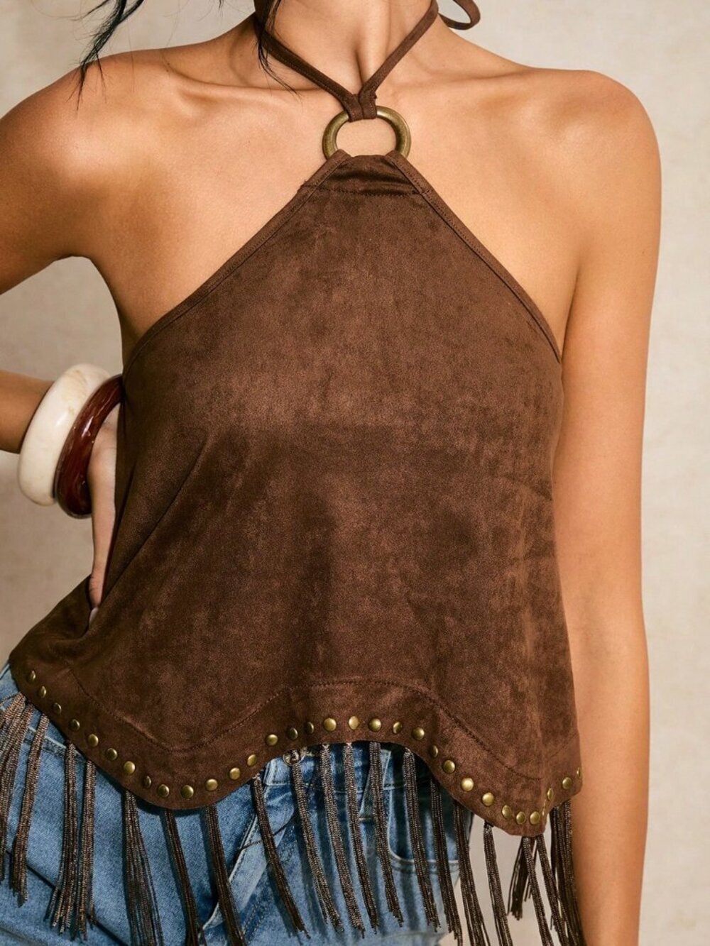 Brown Boho Women's Fringe Hem Halter Top
